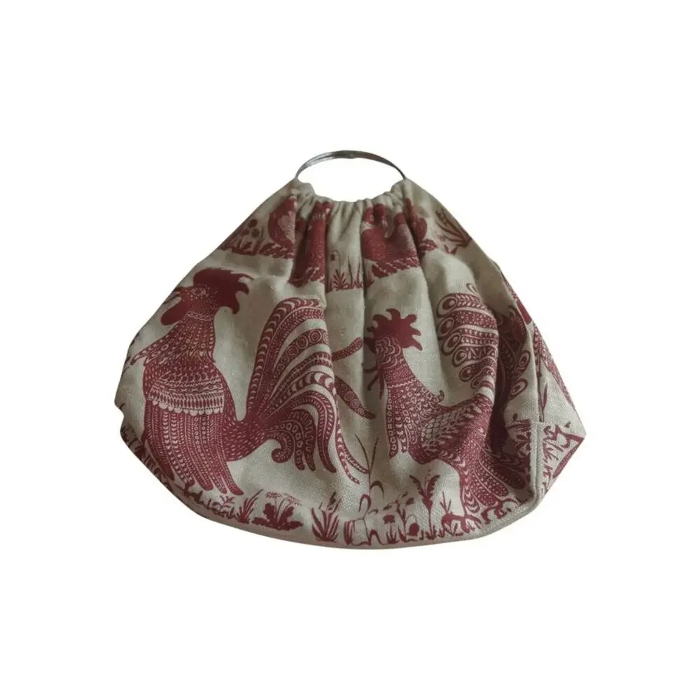Vintage Rooster Bird Tapestry Ring Handle Bag Removable Cream Red Large